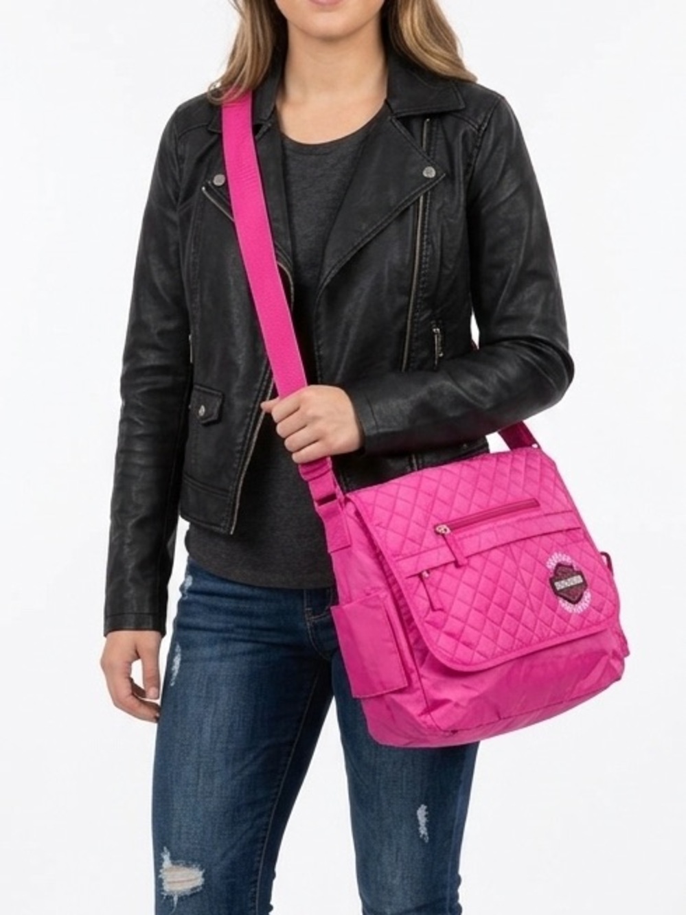 Quilted Crossbody Messenger Bag - Hot Pink